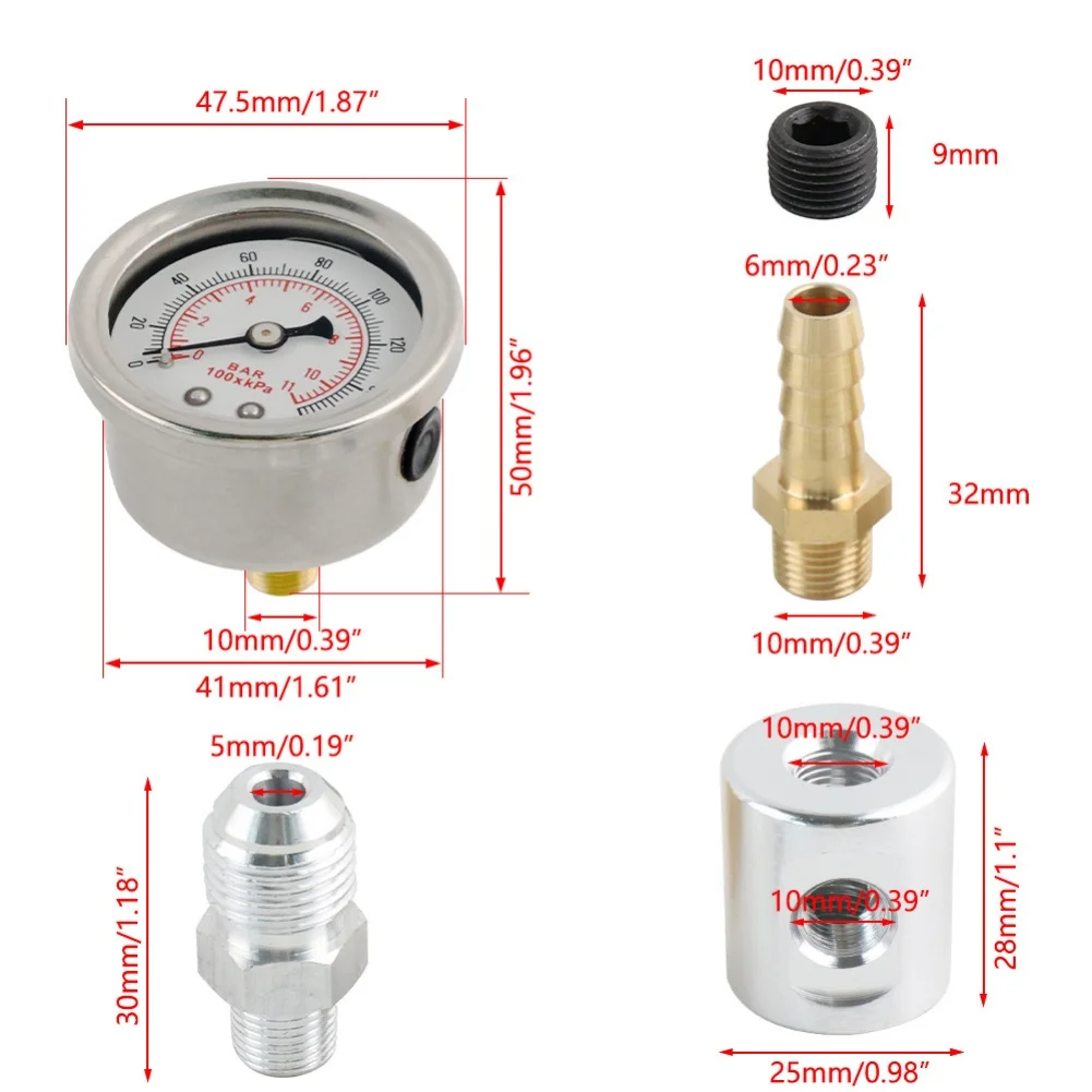 1/8 NPT Filled Fuel Pressure Gauge with Polished Metal Case 0-160 psi Range for Fuel Injection System Performance Tuning