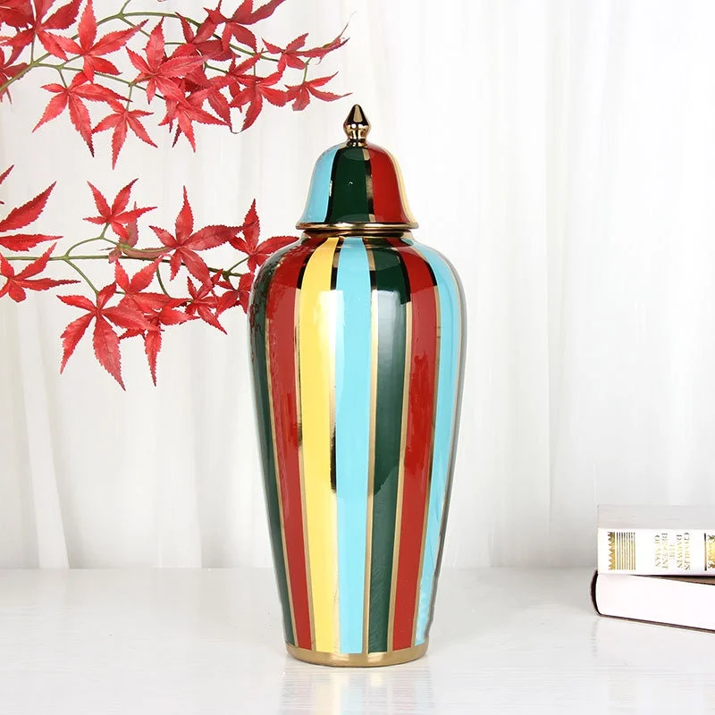 Ceramic Checkmate Jar Colorful Striped Ginger Jar Flower Vase Storage Tank Porcelain Handicrafts Ornaments Home Decoration