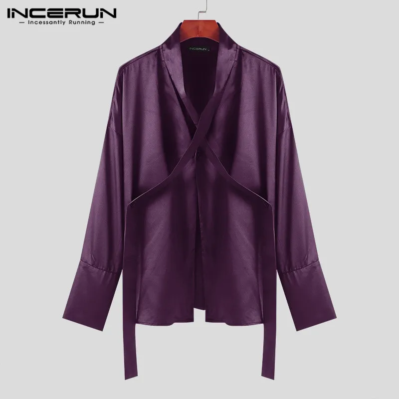 2024 Men Shirt Solid Color Satin V Neck Long Sleeve Loose With Tie Men Clothing Streetwear Fashion Casual Shirts S-5XL INCERUN