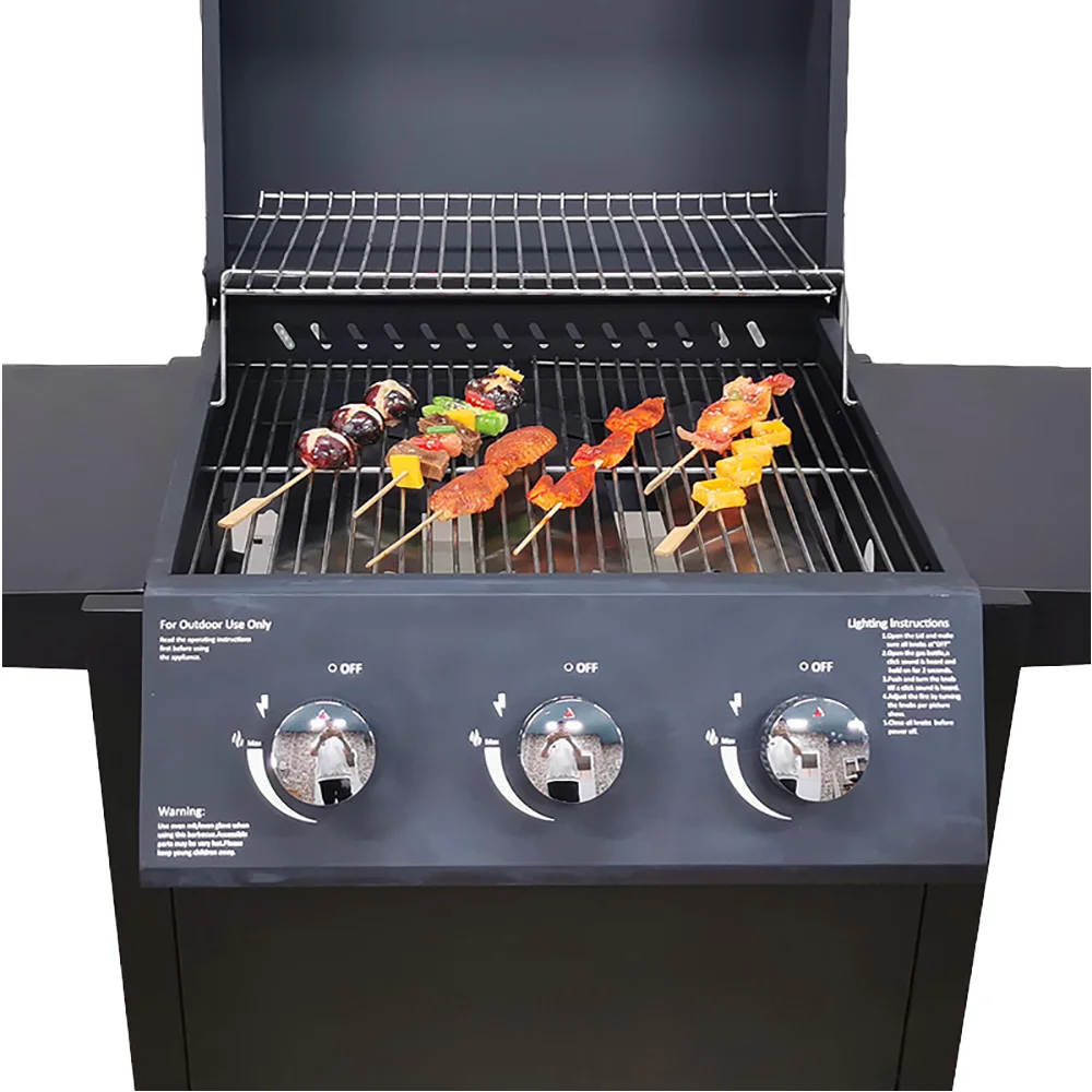 

Modern 3-Burner Propane Gas BBQ Grill Stainless Steel Iron Enamel Cooking Grids Automatic Shut-Off Foldable Side Table Hanging