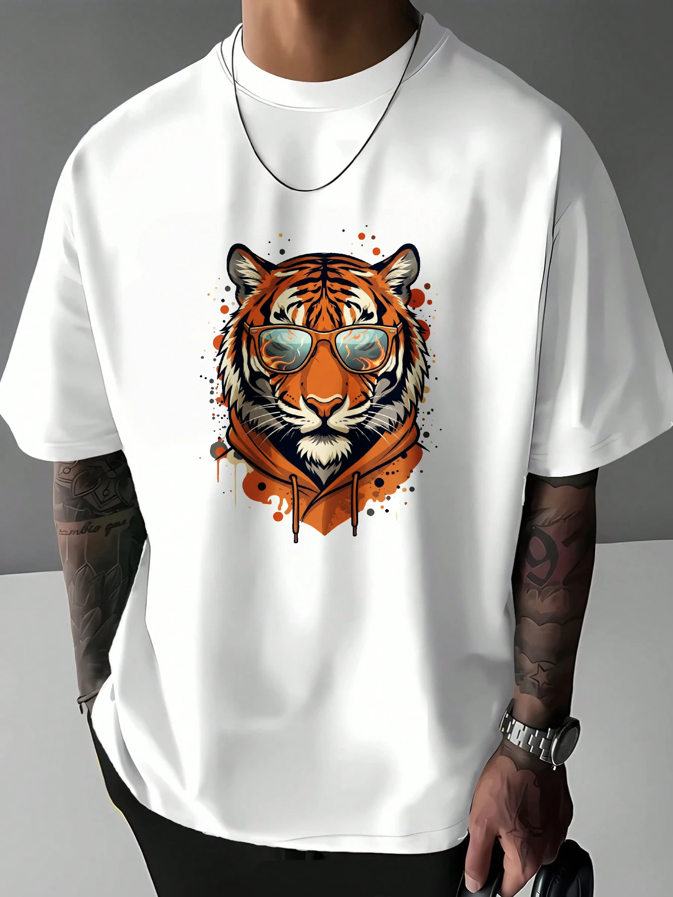 Mens Cool Tiger With Sunglasses Graphic T Shirt Street Style Animal Print Short Sleeve Crew Neck Casual Cotton Male Daily Tee