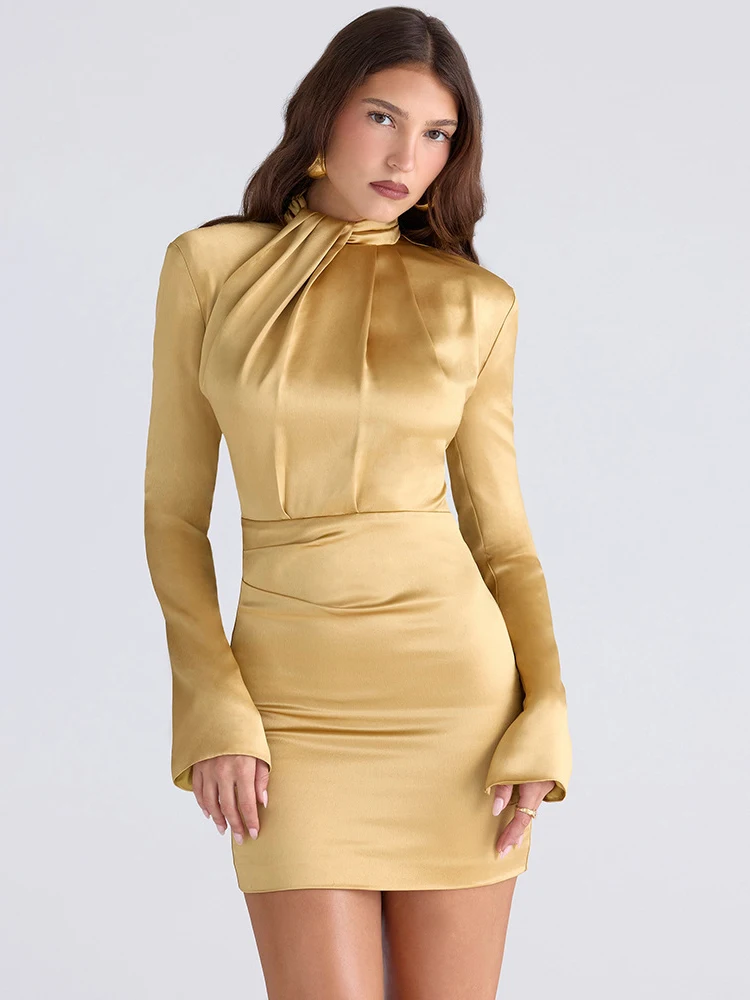 Julissa mo cetim gola alta ruched mini vestido feminino amarelo manga longa vestido de cintura alta outono magro elegante festa clube vestidos