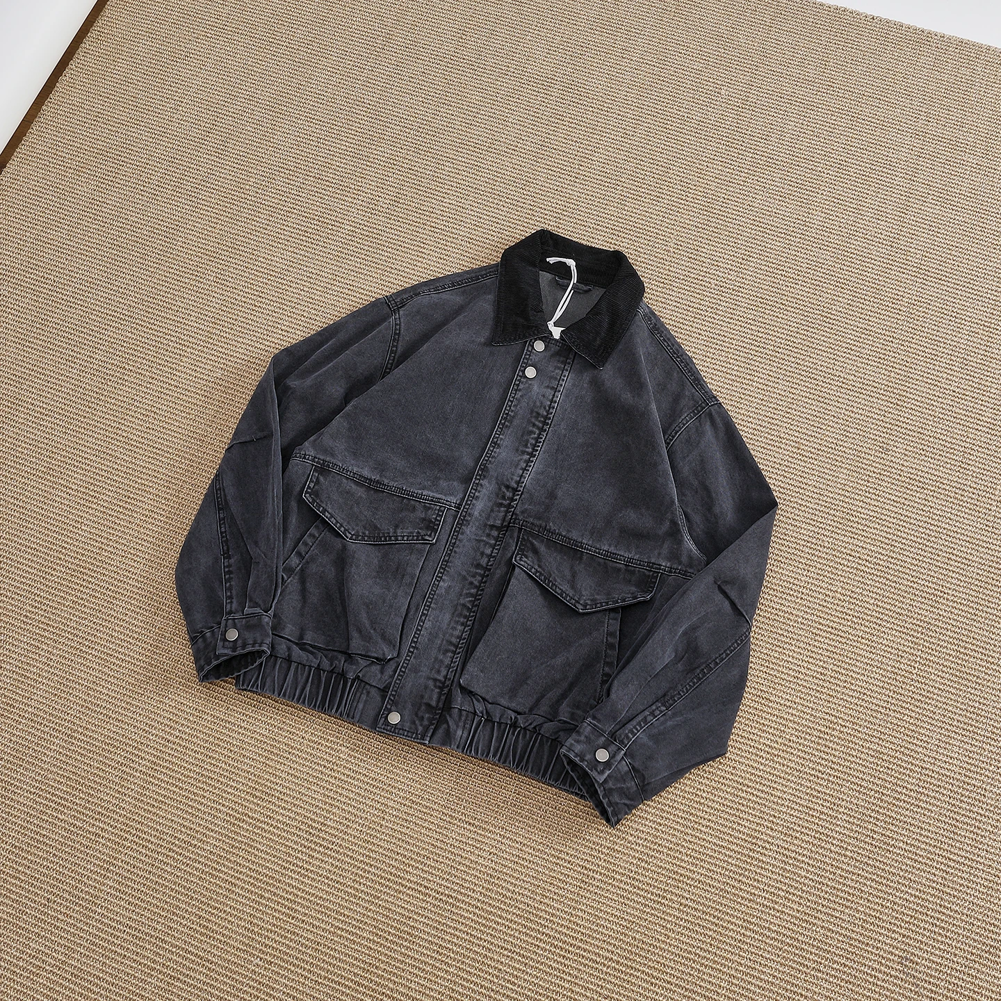 Retro Washed Canvas Jacket Men's Short Collar Workwear Jacket Corduroy Contrast Color Cotton 100% Loose Fit Long Sleeve