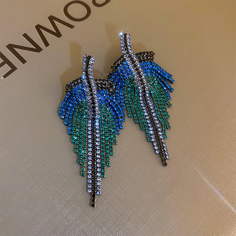 Full Rhinestone Long Tassel Earrings Women Blue Color Fashion Geometric Drop Earring Statement Accessories Party Gifts