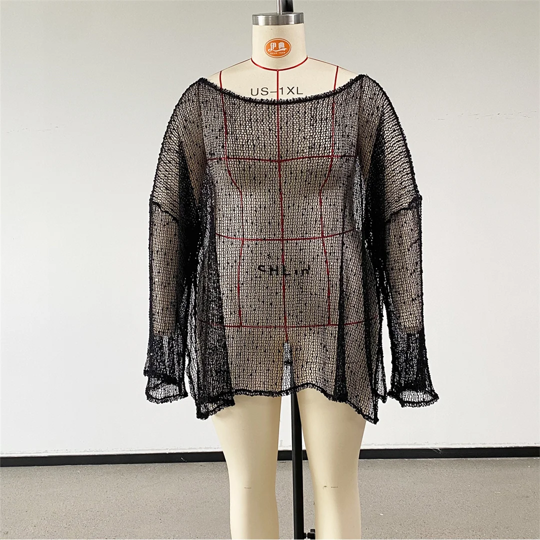 2026 Langarm-Stricktunika mit durchsichtigen Elementen, Strand-Cover-up, Strandkleid, Strandmode, Damen V8428 – Detail 6