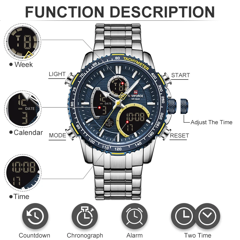 NAVIFORCE 9182 Military Watch for Men Waterproof Sport Watch Top Brand Mens Dual Display Digital Stainless Steel Wristwatches