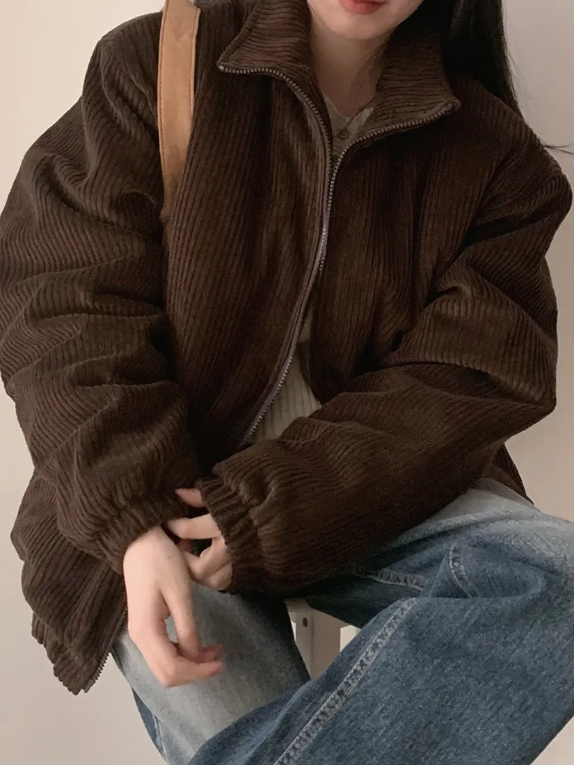 

Шикарное осенне-зимнее хлопковое джет женское свободное вельветовое пальто в белую полоску с дизайном, осветляющее корейское пальто