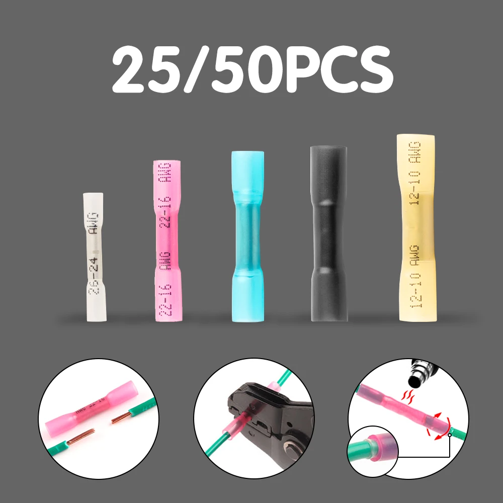 

25/50PCS Heat Shrink Splicing Terminal Waterproof Seal Butt Wire Electrical Connectors BHT Crimp Docking Insulated Terminals