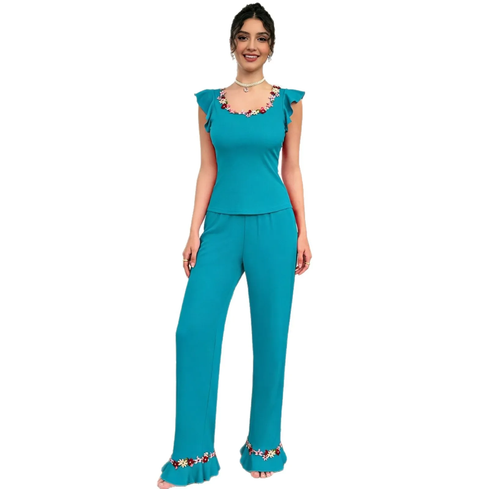 Summer Women Pajamas Top Two Piece Set Knit Lounge Wear Round Neck Blouse Ruffle Sleeve Lace Trim Flared Cuff Pullover Pajama