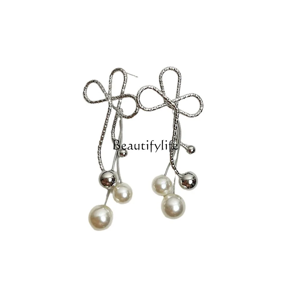 

French temperament pearl fringed earrings niche design bow light luxury high-end earrings