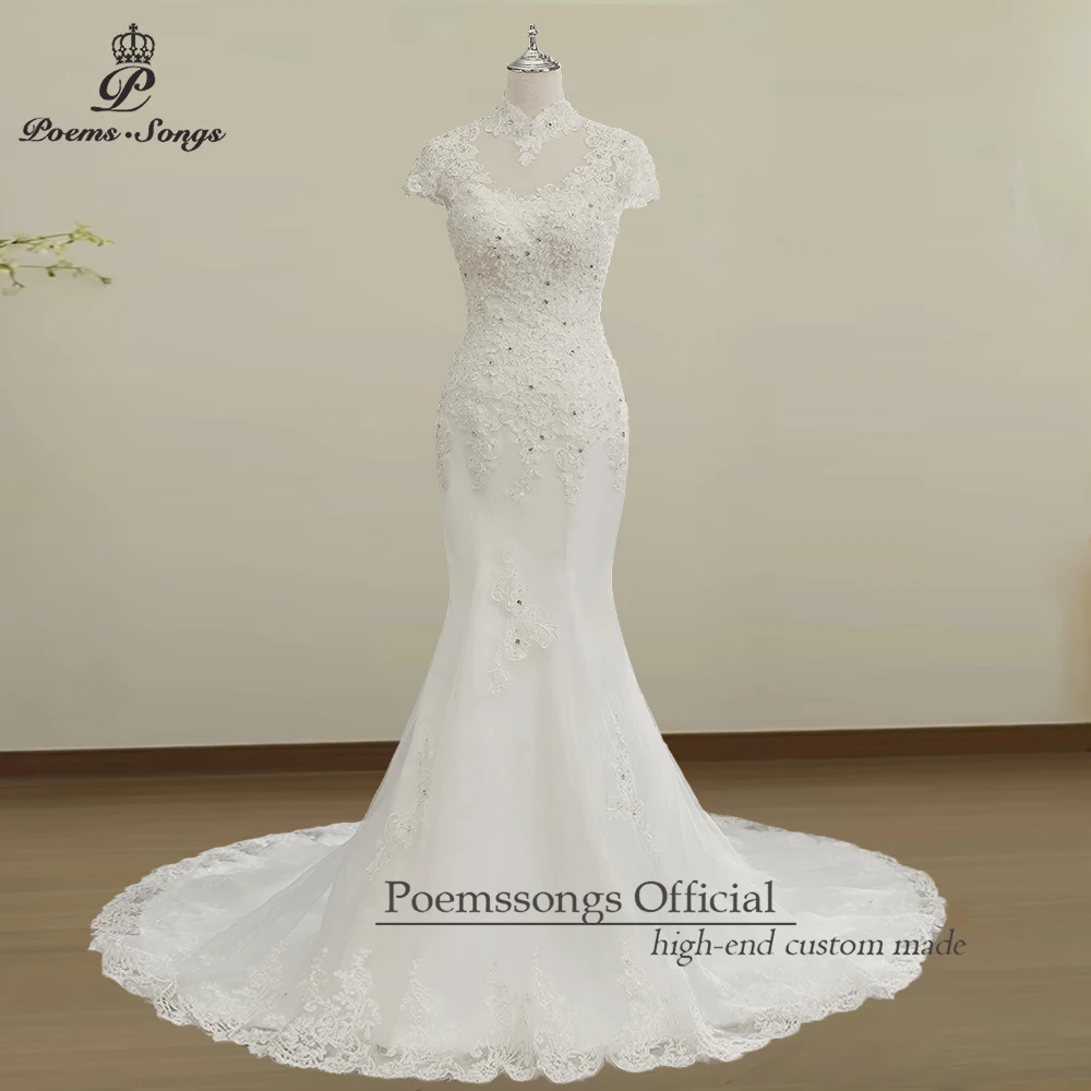 

Шикарное свадебное платье в стиле русалки по индивидуальному заказу Vestidos de Novia Boda, великолепное кружево и элегантное платье с короткими рукавами для вашего свадьбы