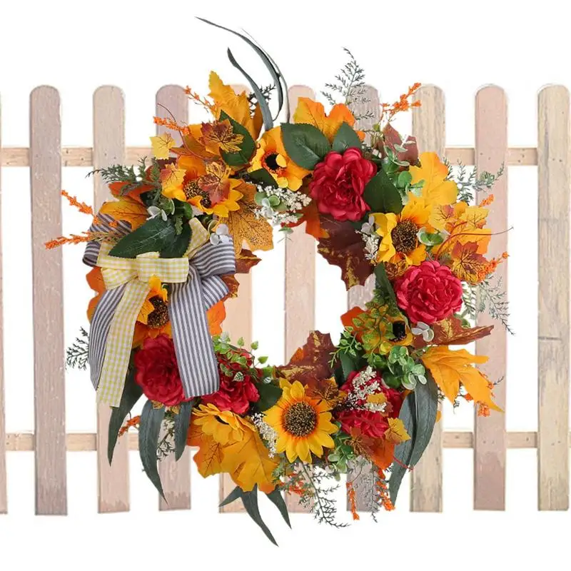 

Fall Wreaths For Front Door Colorful Harvest Floral Wreath With Bow Thanksgiving Decoration Door Wreath For Front Door Walls