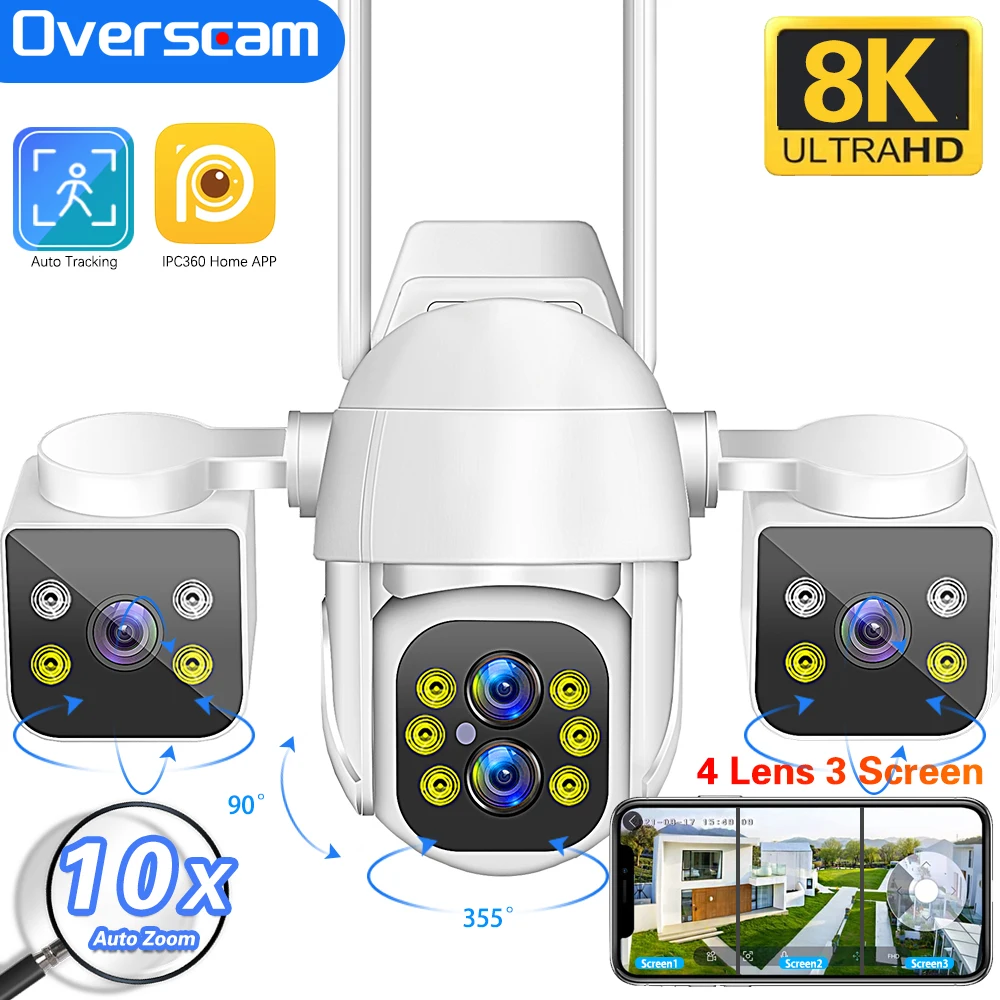 

10X PTZ Zoom 16MP Multi Lens New WiFi Rotatable Outdoor Three Split Screen Home CCTV camera Adjustable Lens Ip security Cameras