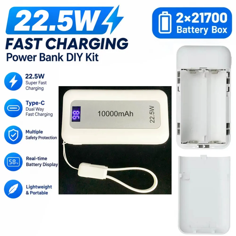 21700 Solder-Free Power Bank Housing Battery Case 22.5W Fast Charging DIY Battery Storage Box PD Type C Fast Charge QC3.0 Port