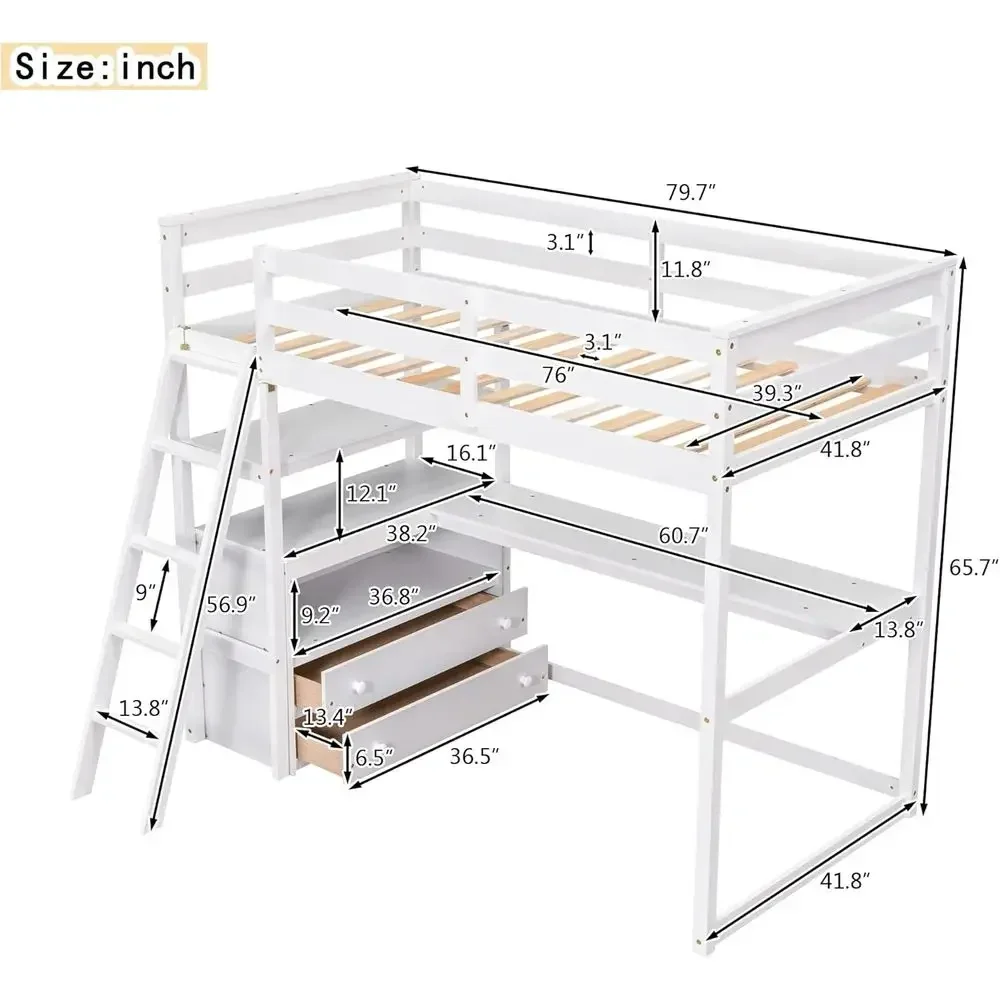 Twin Size Wooden Loft Bed with L-Shaped Desk, 2 Drawers, 2 Shelves, Ladder and Guardrails, No Box Spring Needed, White