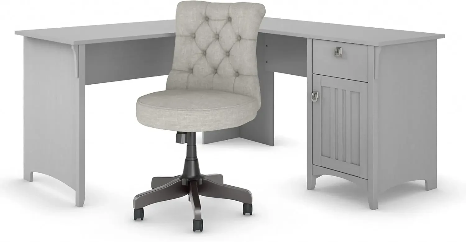 Bush Furniture Salinas 60W L Shaped Desk with Mid Back Tufted Office Chair in Cape Cod Gray