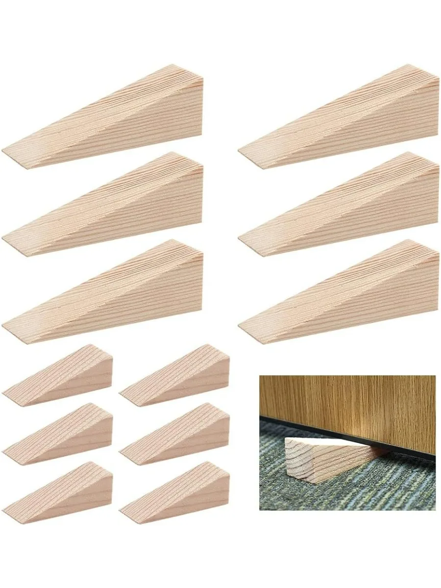 12 Pcs Wood Door Stopper Non-Slip Door Stops Wedge Sturdy and Durable Door Stop Wedge 2 Sizes Triangle Wood Block for Wedge