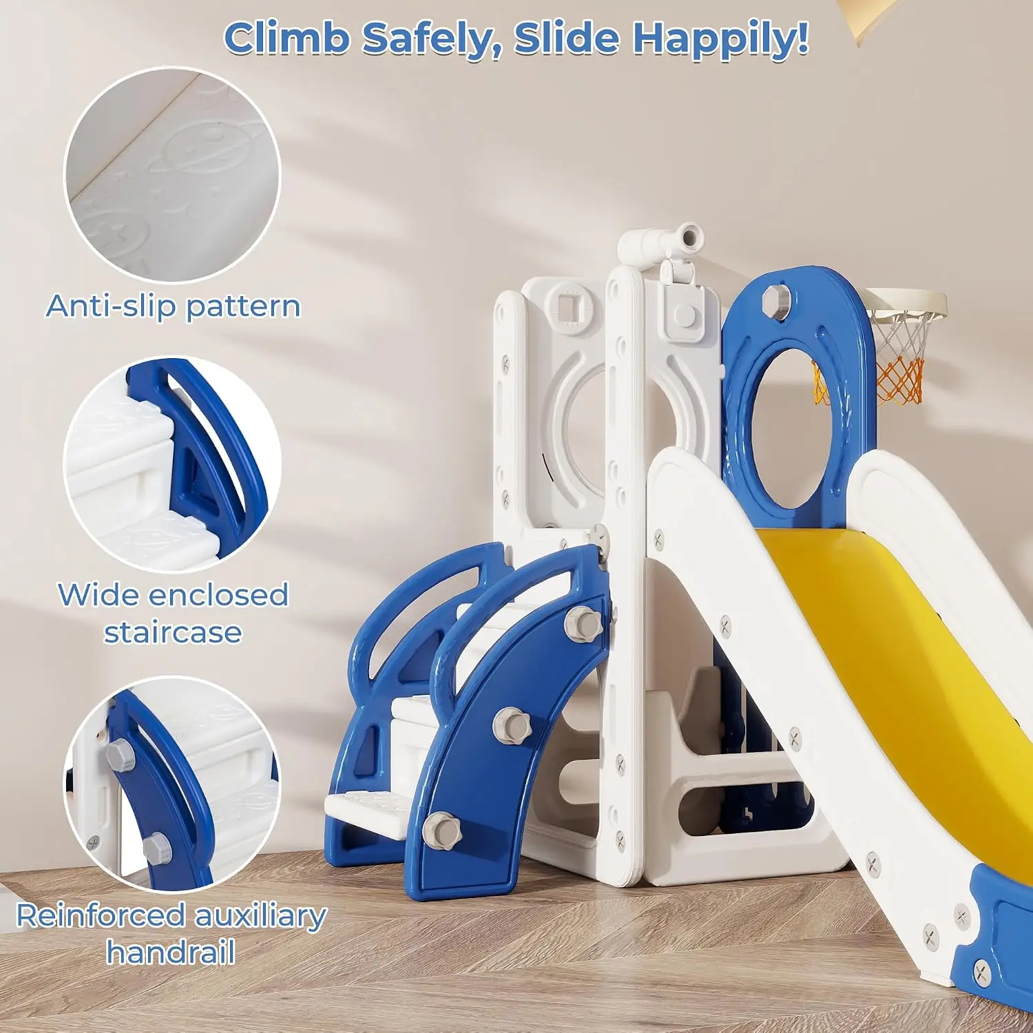 Toddler Slide, Indoor Outdoor Slide for Toddlers 1-3, Freestanding Slide with Basketball Hoop, Telescope - view 5