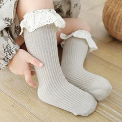 2pairs Baby Girls Knee High Socks Newborn Toddlers Cute Socks Kids Solid Cotton Stretch Lovely Lace Frilly Baby Ruffle Socks