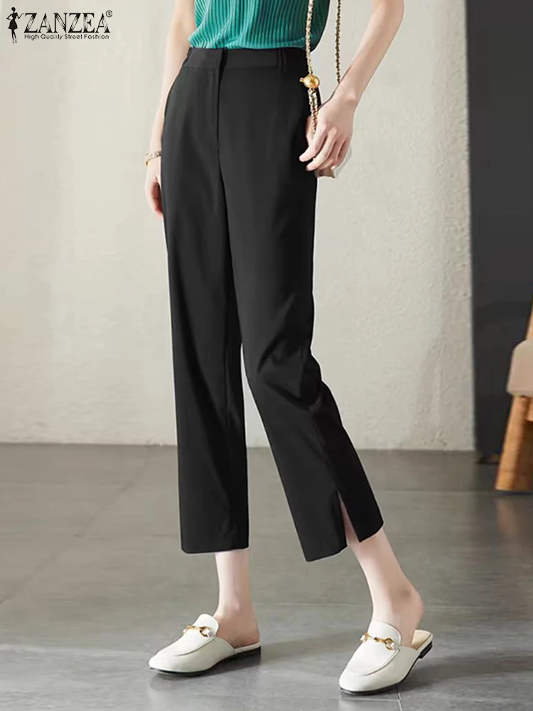 ZANZEA Vintage Split Straight Summer Pant Women Long Pants Office Lady Elastic Mid Waist Pantalones Casual Solid Cropped Trouser