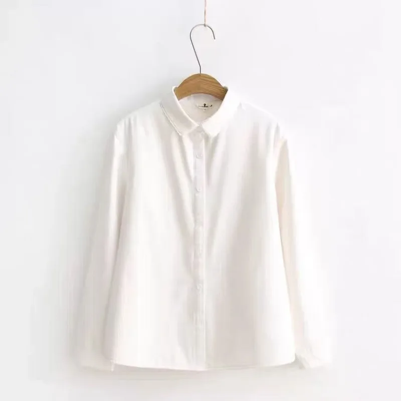Japanese Style Women Autumn Winter Fleece Lined White Blouse Fresh Long Sleeve Button Down Shirt Casual Base Top