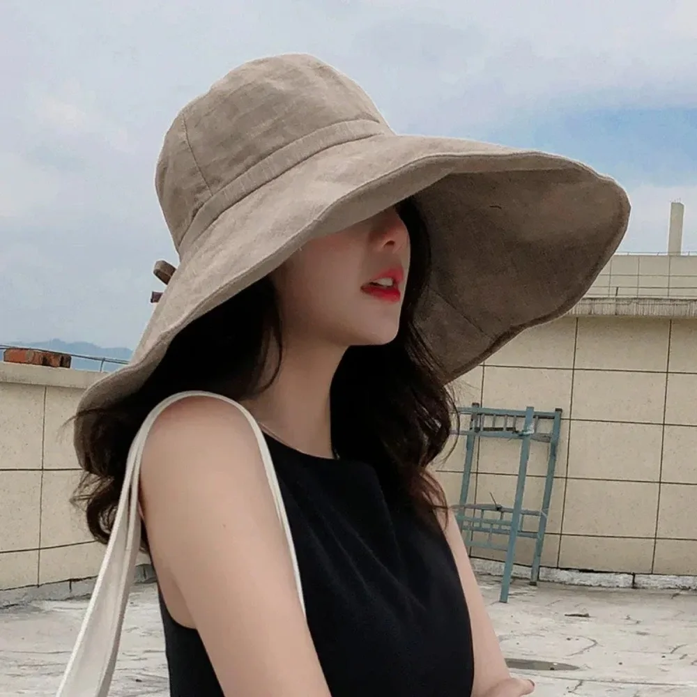 Summer Wide Brim Linen Sun Hats for Women Uv Protection Sunshade Foldable Bucket Hat Beach Outing Hat Gorras Para Mujer Кепка 모자