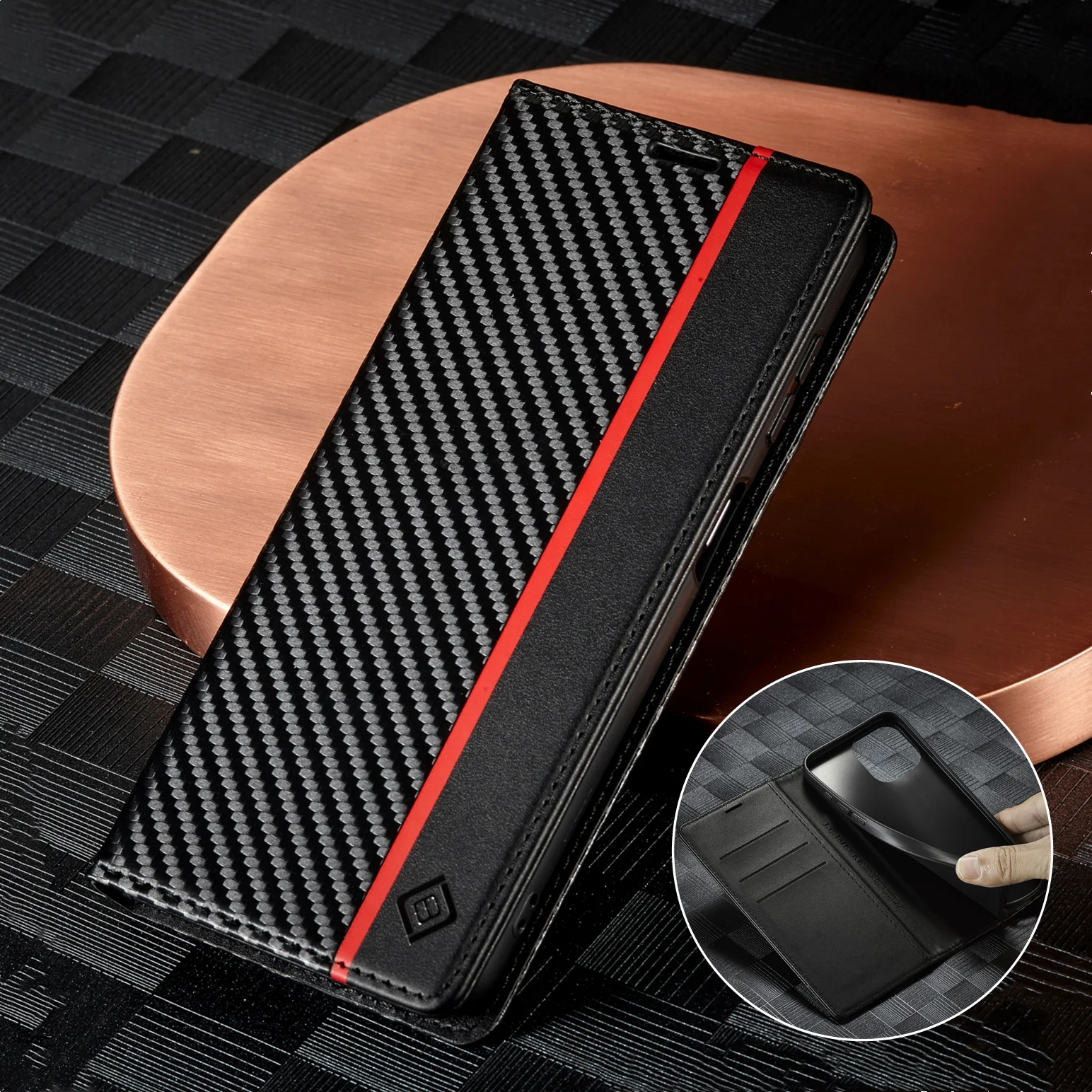 حافظة جلدية PU من ألياف الكربون لهاتف آيفون 17 Pro 15 16 Pro 14 13 12 11 Max 16E 8 7 Plus SE محفظة فتحة للبطاقات غطاء هاتف قابل للطي #3