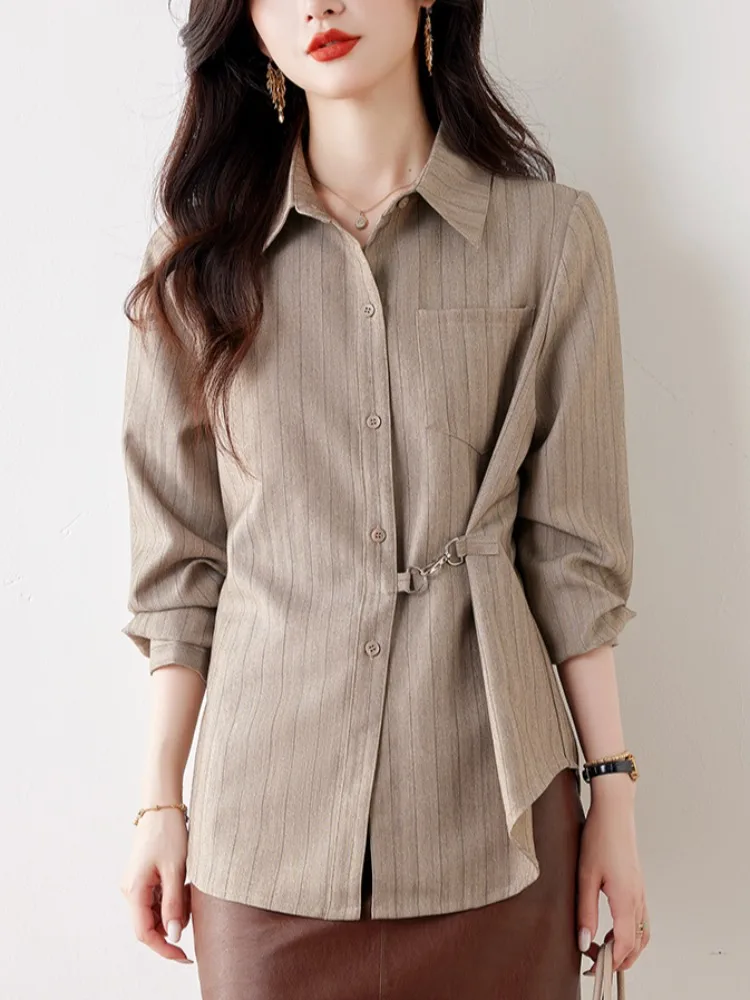 

Women Striped Blouse Long Sleeve Loose Fit French Style Button Down Shirt with Waist Tie