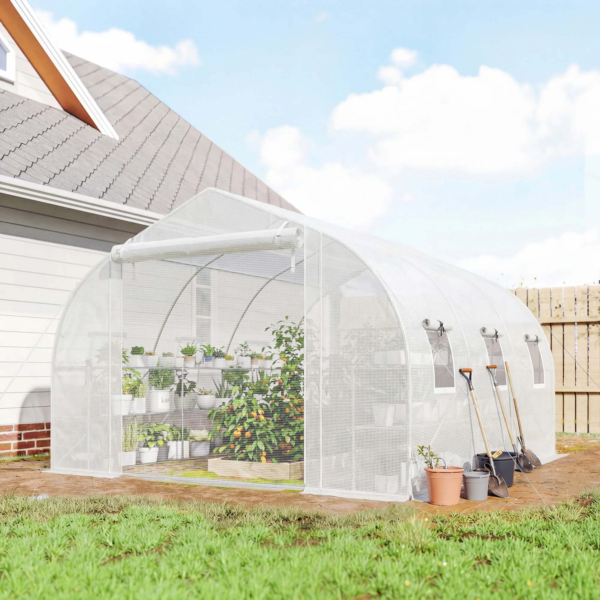 Outsunny Walk-In Tunnel Greenhouse with Shelf, Plant Greenhouse, White