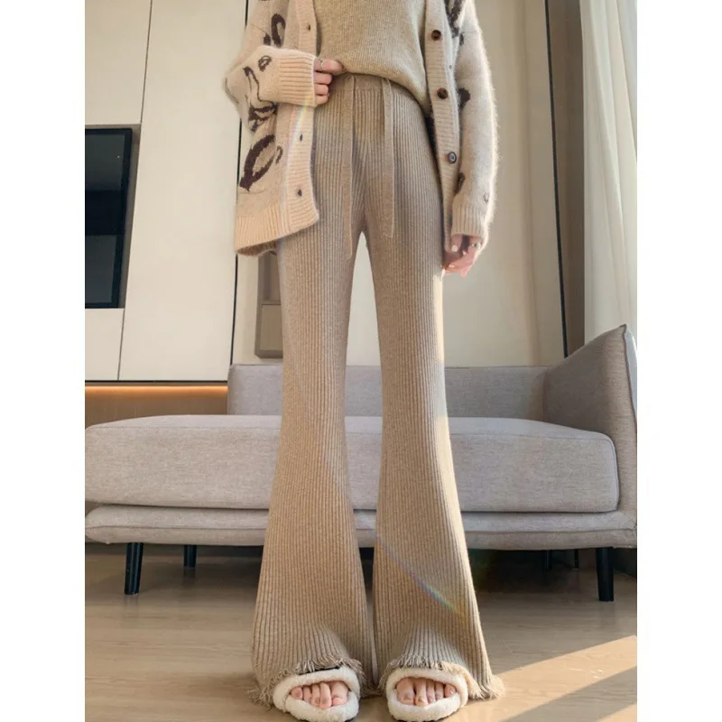 

Women 2024 New Autumn and Winter High-waisted Flared Leggings Pants Women Straight Drop Loose Knitted Wide-leg Base Pants LJ817