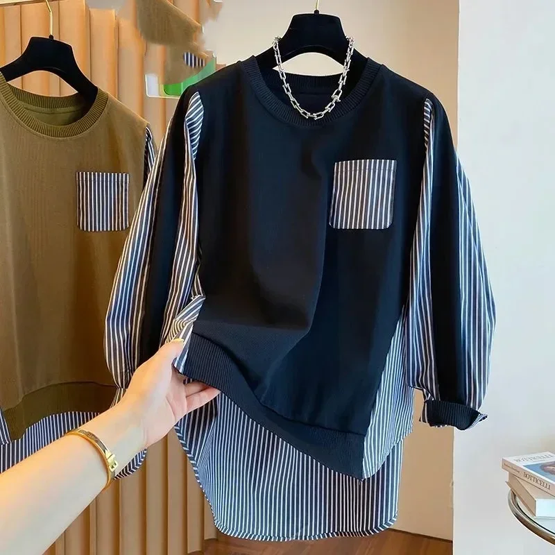 women High street Casual Loose Striped Printing Pullovers elegant Y2K tops spring autumn new Round neck Long Sleeve Sweatshirts