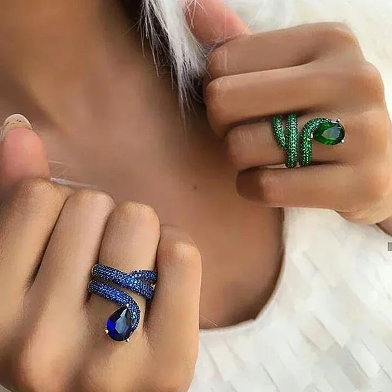 New Luxury Winding Women Wedding Ring with Water Drop Stone Micro Pave CZ Blue/Green Colors Marriage Party Lady Rings Jewelry