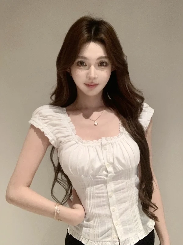 

Korean Style Pure Desire White Lace Trim Shirt Women's Spring Summer Sweet Spicy Waist Cinching Slimming Single Button Short ...