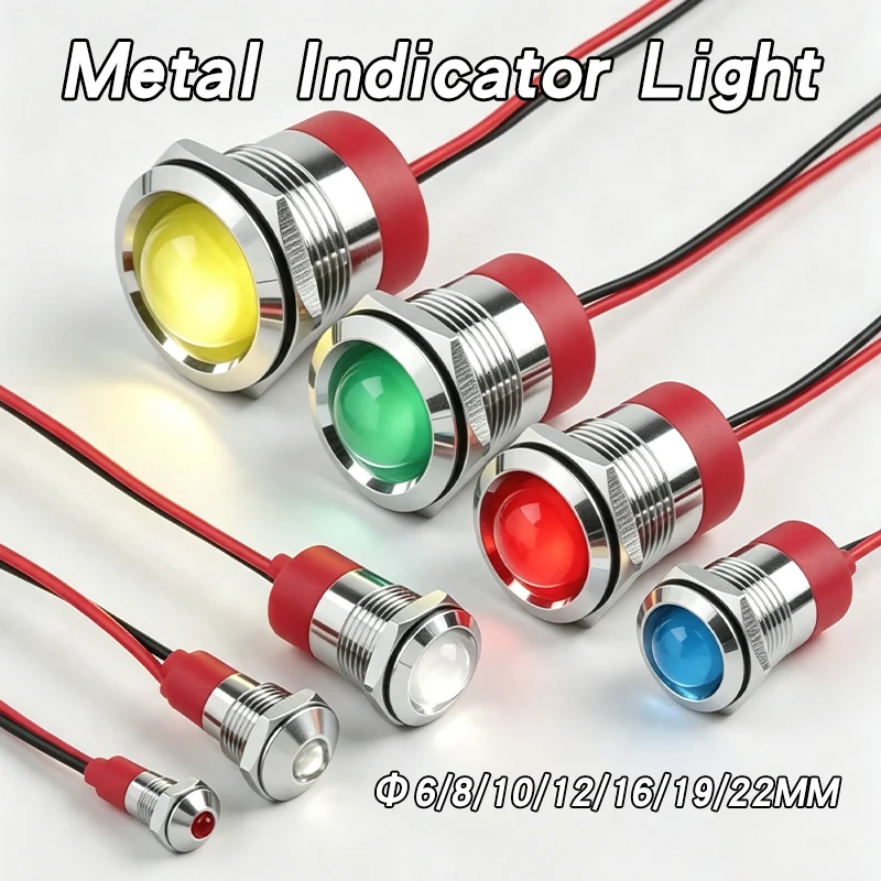 6/8/10/12/16/19/22mm Metal LED Indicator Light With Wire Dome Large Bead Power Signal Lamp Red Green Yellow Blue White 6V24V110V