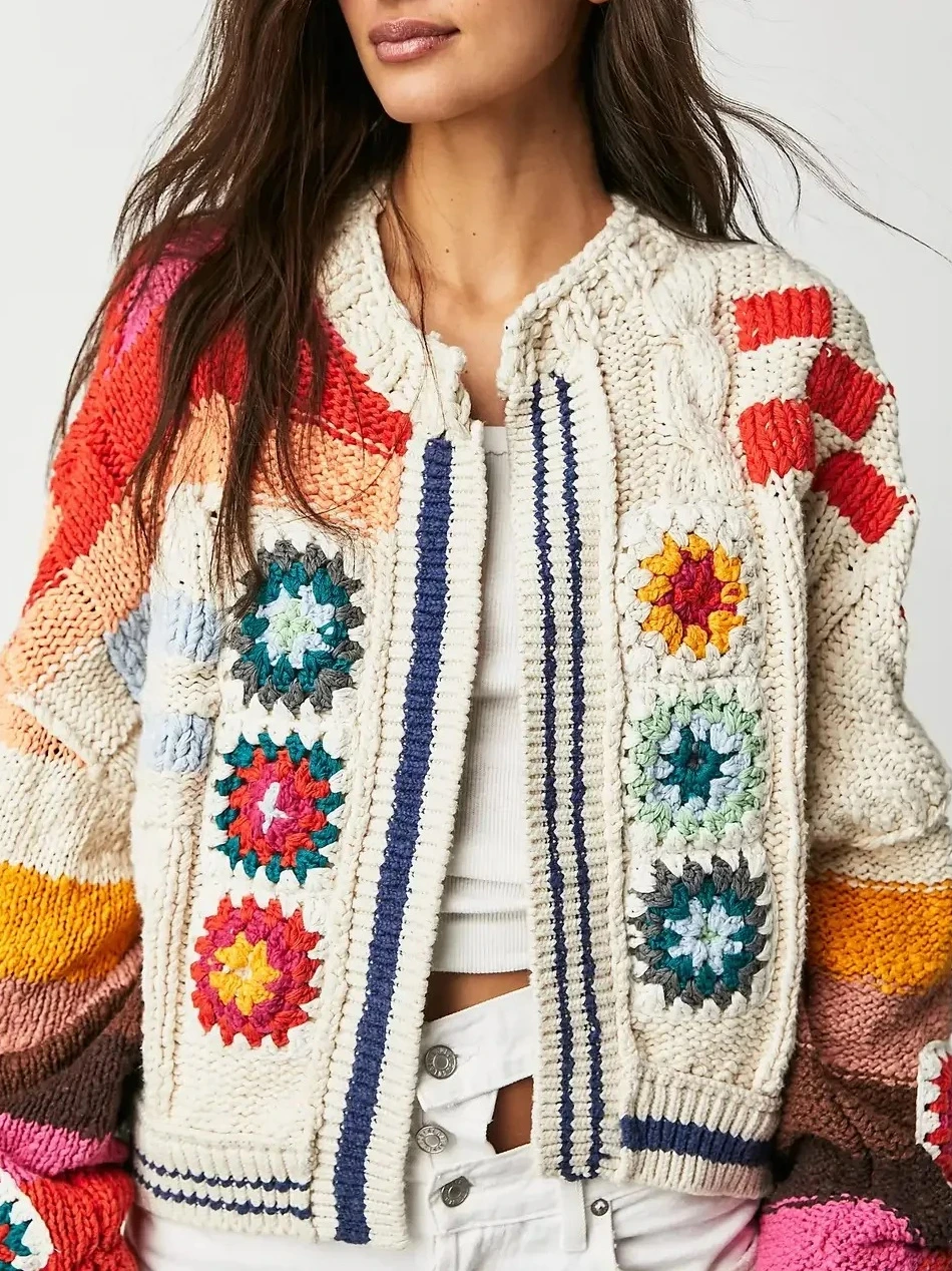 

Handmade Boho Vintage Sweater Cardigan Knitted Ethnic Chic Style Flower Loose Women Autumn Winter Vocation Ladies Knitwear Coat