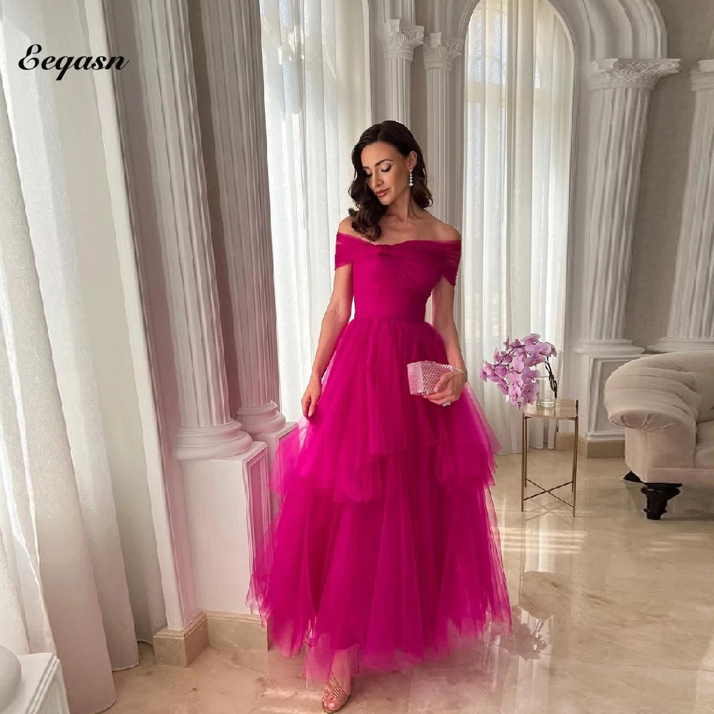 A-line Asymmetrical Tulle Evening Dresses Customized Tea Length Fuchsia Party Pageant Gown Women Prom Event Long Dress