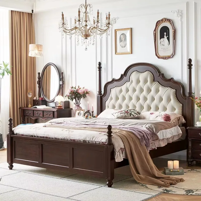 Medieval Style Solid Wood Bed Frame, Genuine Leather Upholstered Headboard Storage Base Customizable Soft Backrest for Bedroom