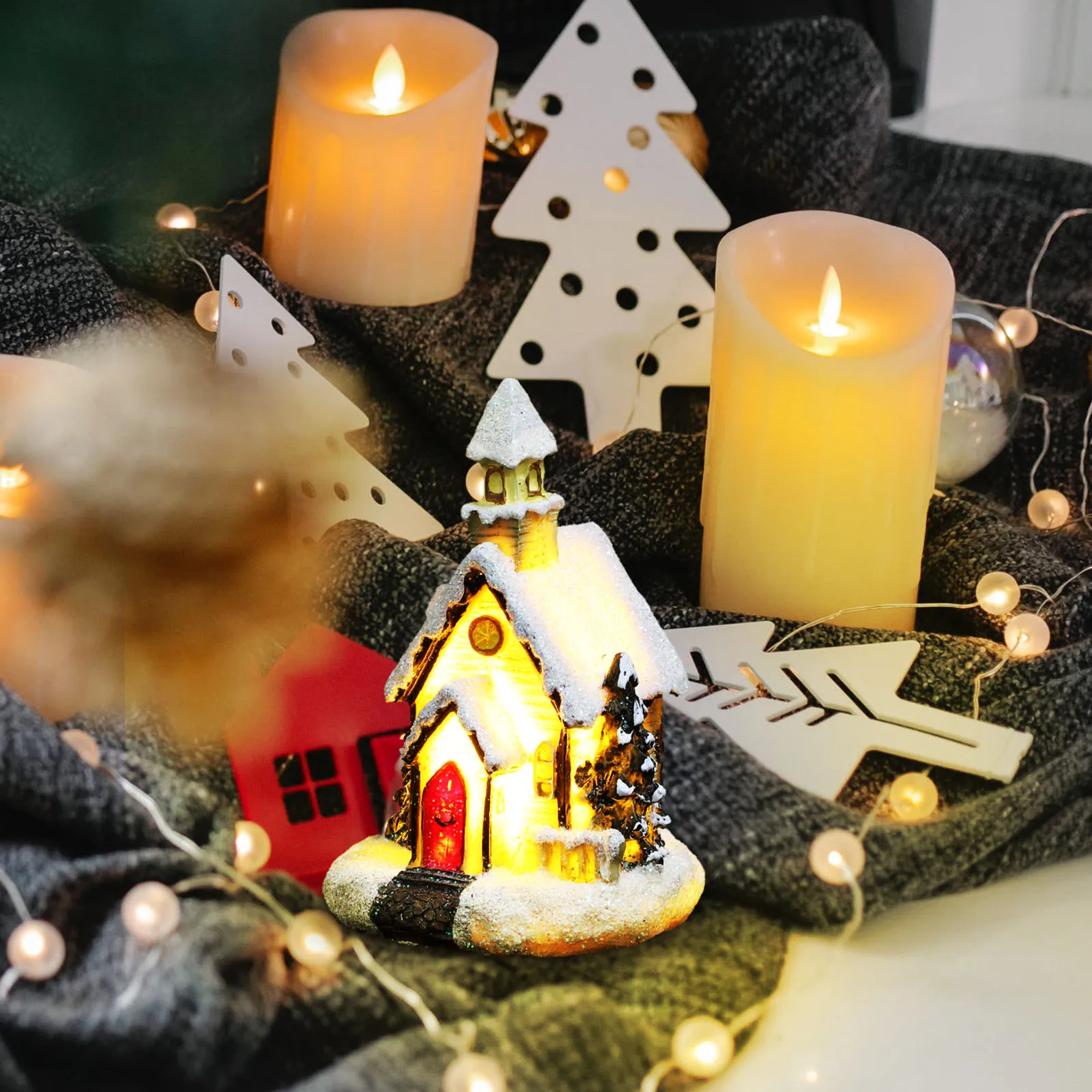 

3Pcs Micro Luminous Resin House Xmas Desktop Decor Unique Creative Glow Home Ornament Festival Adornment Luminous House