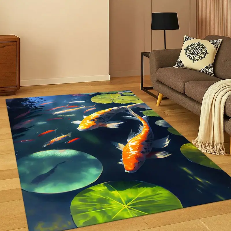 GOOD LUCK Koi Fish Yin Yang Carp Cartoon Carpet Rug for Bedroom Living Room Sofa Playroom Doormat Home Decor,Area Rug Non-slip