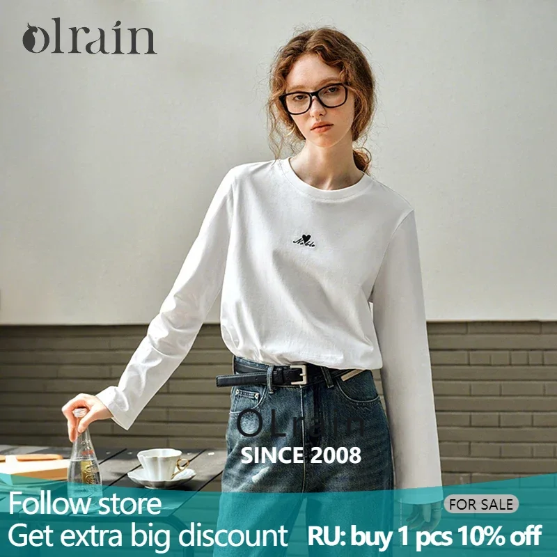 

OLrain Simple Embroidered T-shirt Woman Spring 2025 New Fashion Straight White Pure Cotton Knitted Casual Loose Tops N57CT96033