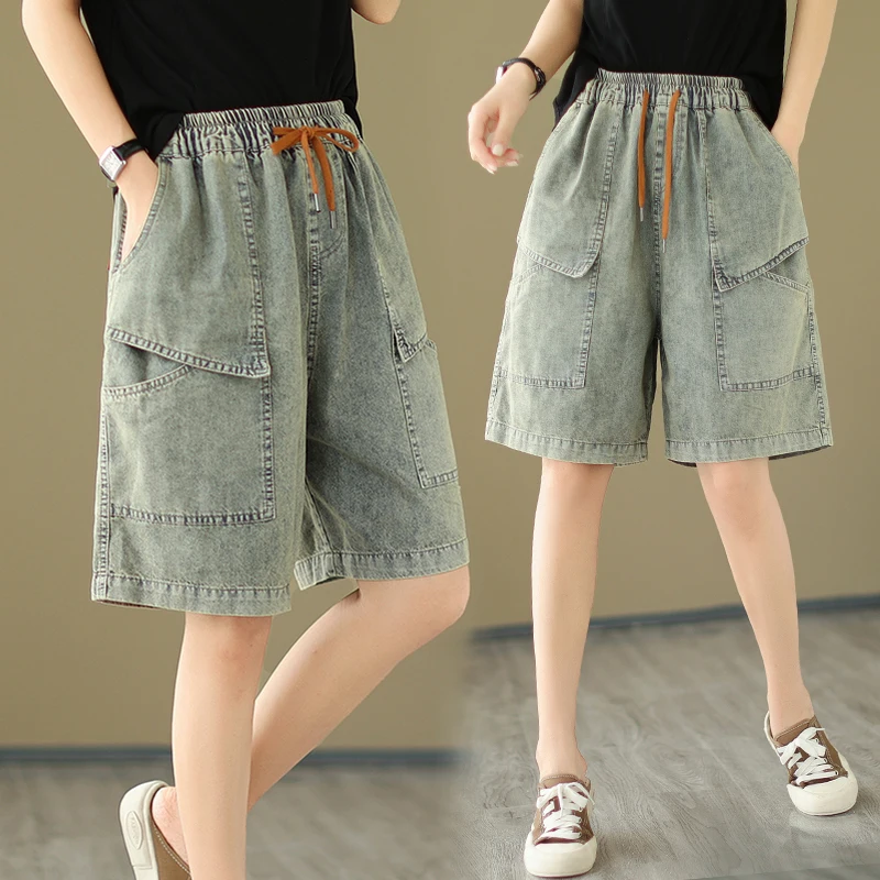 

Летние женские джинсы больших размеров с эластичной резинкой на талии, тонкие свободные универсальные светло-голубые джинсовые брюки с пятью точками, тонкие брюки средней длины