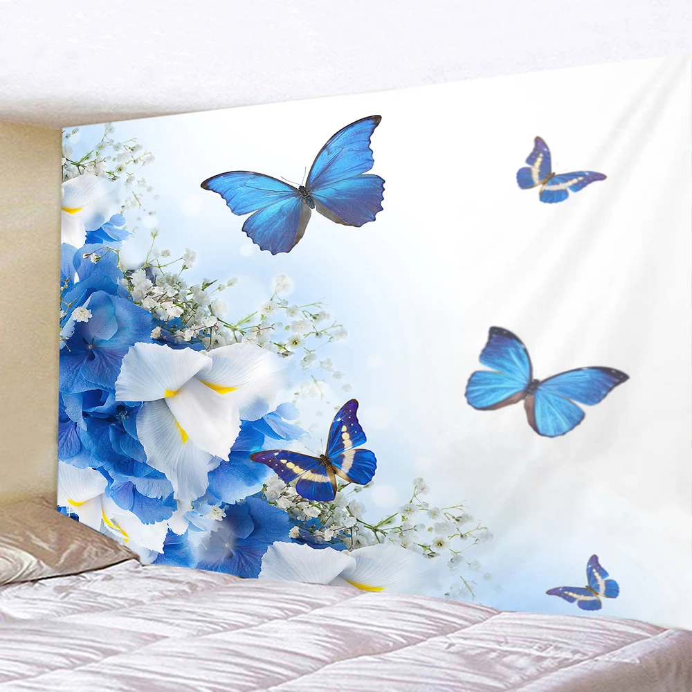 Beautiful Blue Flower Butterfly Mural Tapestry Wall Hanging Living Room Bedroom Wall Decoration Art Home Decor Background