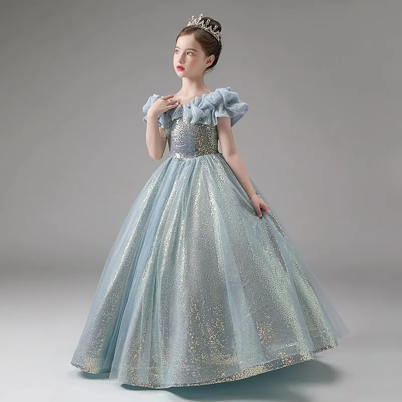 Kids Blue Princess Dress for Girls Children Birthday Party Sequin Long Evening Gowns Formal Prom Luxury Pageant Gala Dresses