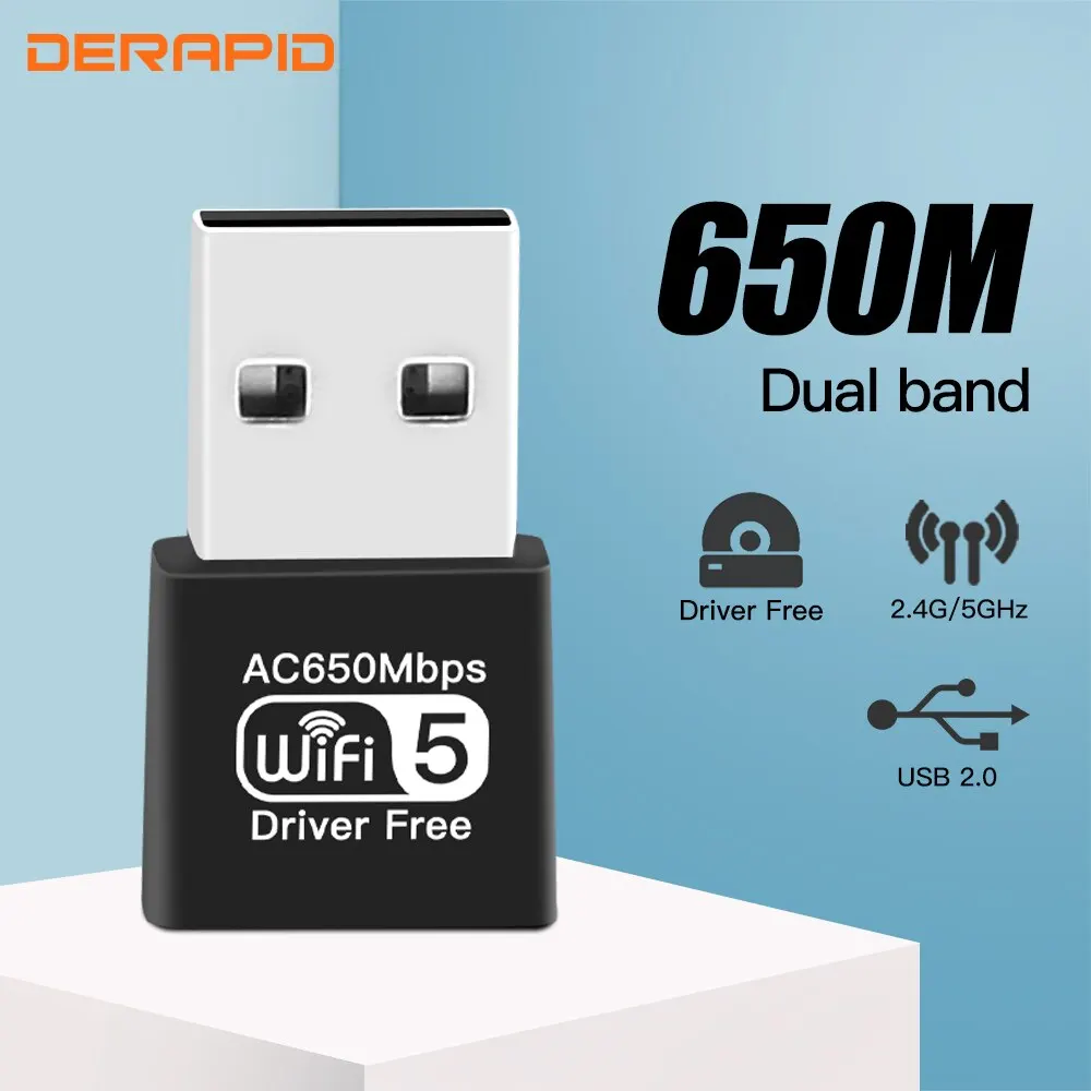 DERAPID Wireless USB WiFi Adapter AC650 Wireless Adapter USB 2.0 Dual Band Netowrk Card For PC/Laptop Wlan Receiver For Win10/11