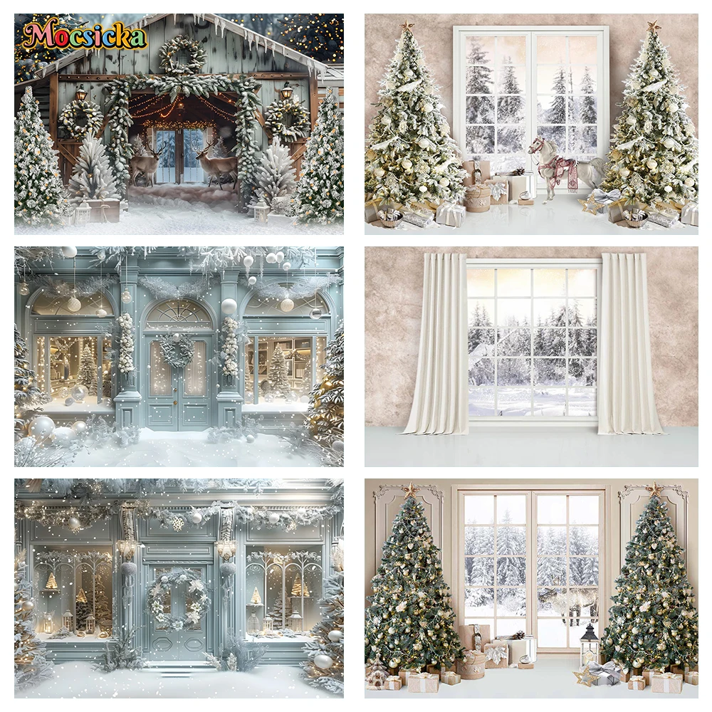 

Mocsicka Winter Photography Background Christmas Curtains Fireplace Xmas Tree Candy Holiday Family Photo Backdrops Studio Props