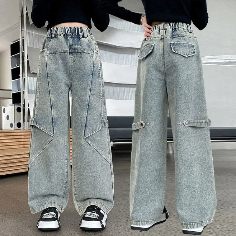 New Design Teen Kids Vintage Straight Distressed Jeans for Fashion Girl High Rise Fit Denim Pants Child Stylish Jeans Trousers