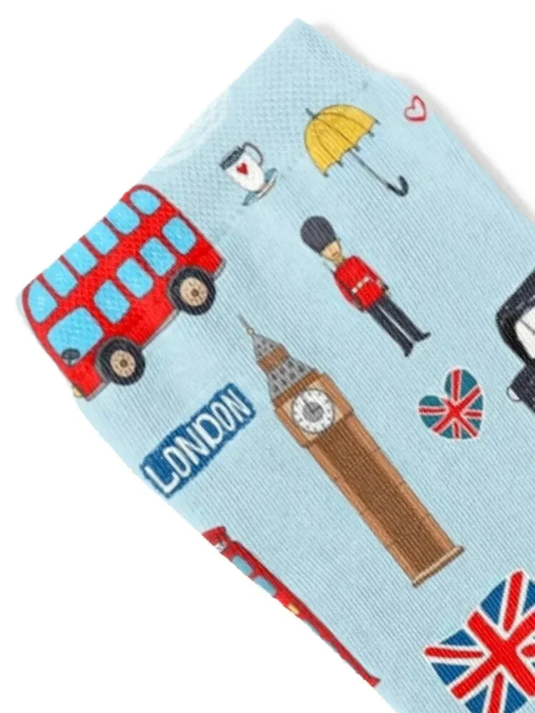 London England Handdrawn Motifs Big Ben, Union Jack, Palace Guard, Teatime, Black Cabs, Brollies on Blue Socks