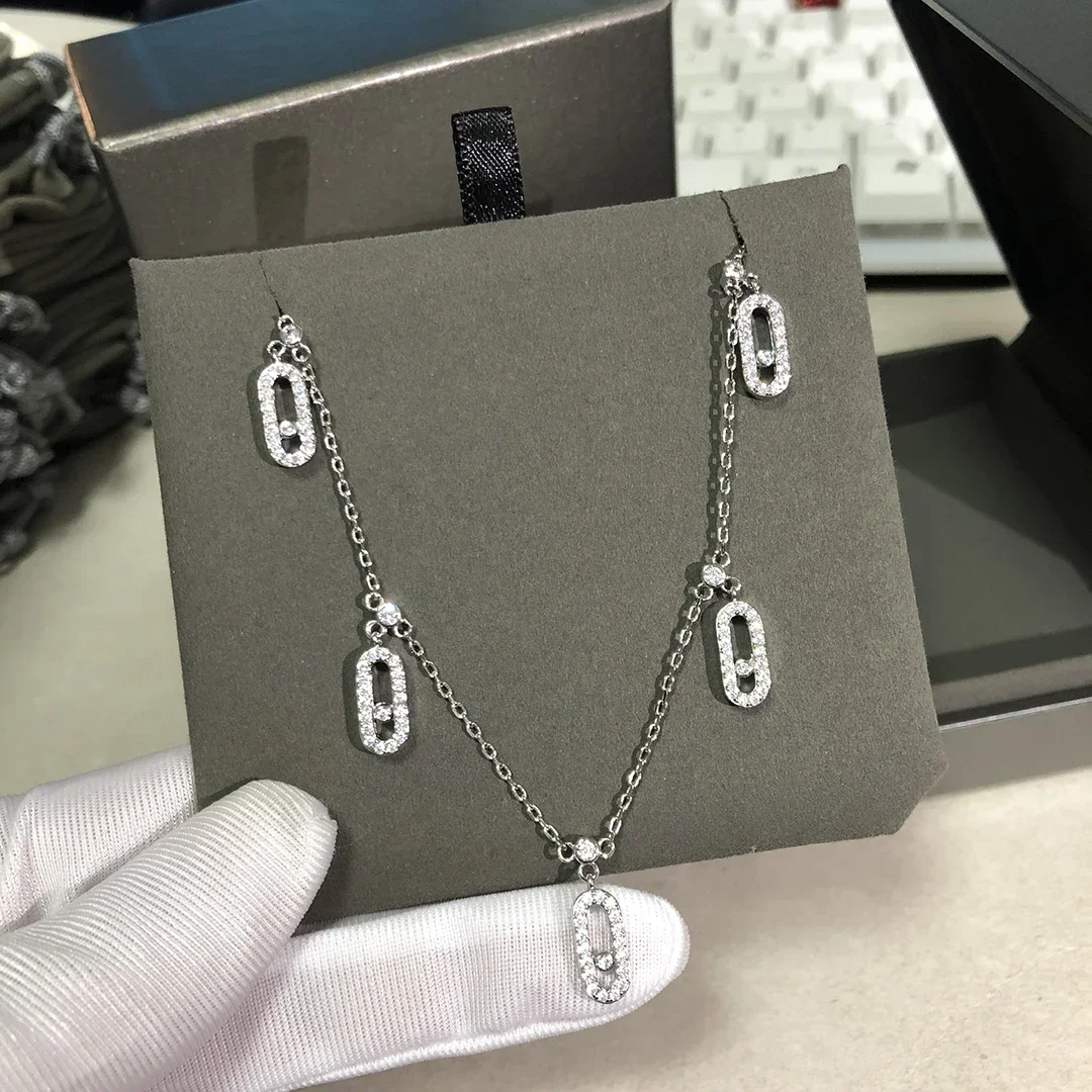 

925 Sterling Silver 5-Piece Pendant Women's Diamond Necklace. Moving Diamonds. Luxury Jewelry