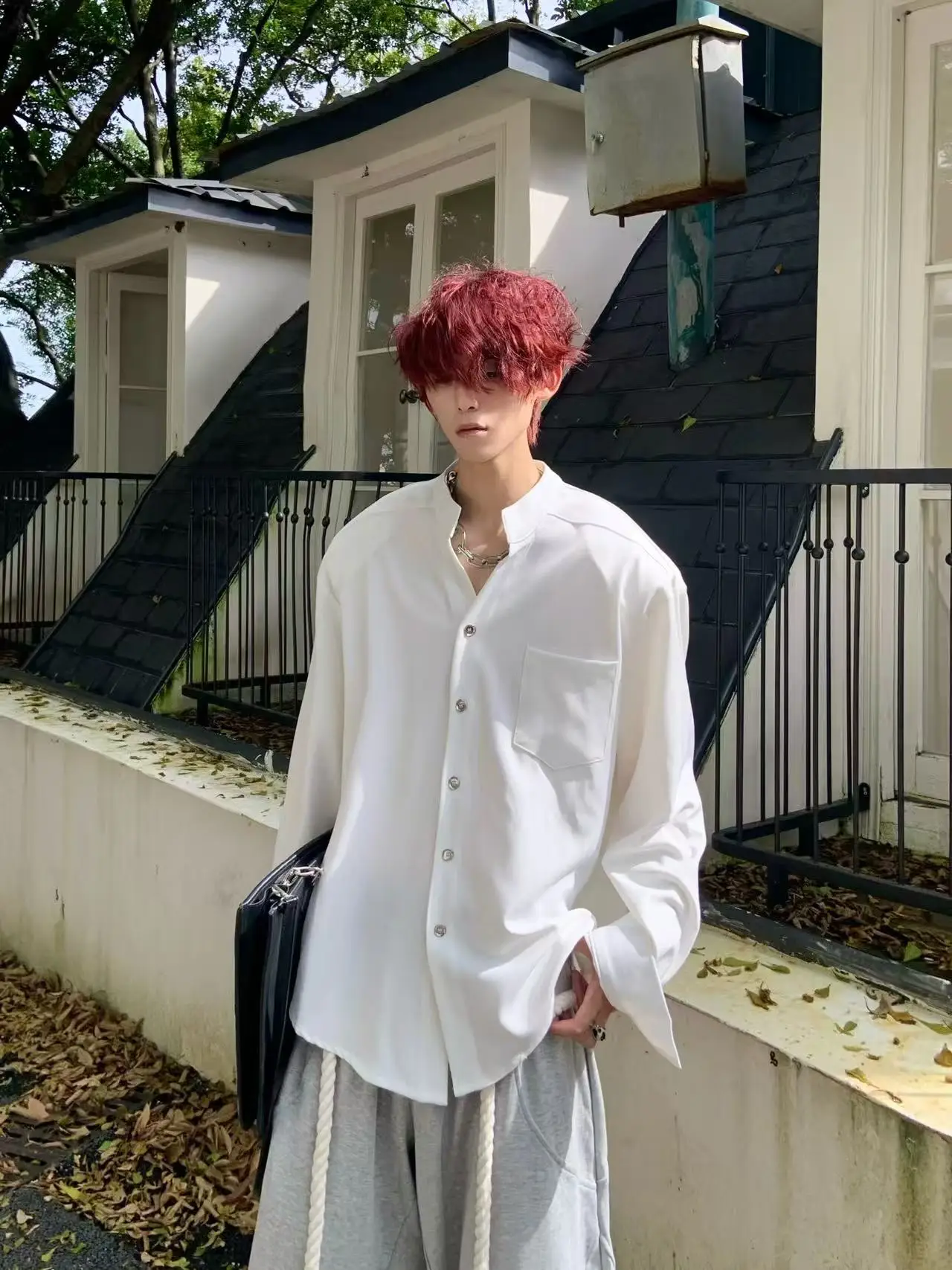 

HANY HANY Shoulder Pad Shirt Men's Loose Long Sleeve Stand Collar White Casual Fashion High Quality Polyester Youth Clothing