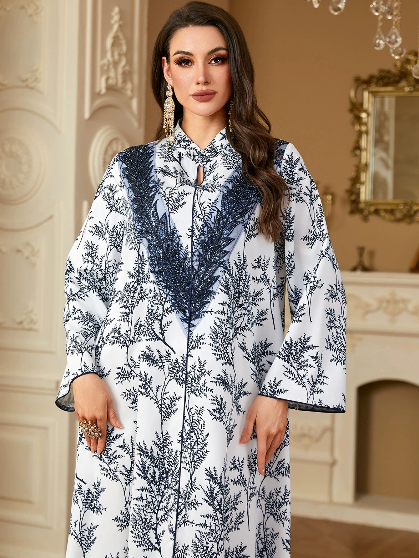 Sukienka Islamska Ramadan Nowa Abaja Damska Moda Muzułmańska Wypoczynek Przód Dwór Luźna Turkiye Drukowana Suknia do Ziemi